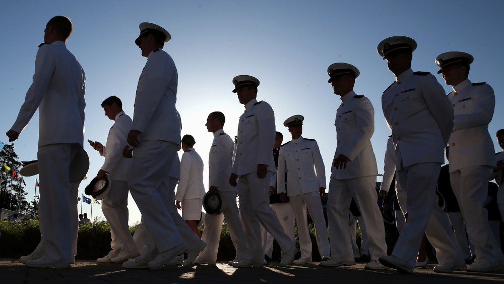 U.S. Naval Academy midshipmen gather before graduation ceremonies on May 23, 2014 in Annapolis, Md.