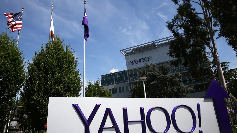 A sign is posted in front of the Yahoo! headquarters on May 23, 2014 in Sunnyvale, Calif.