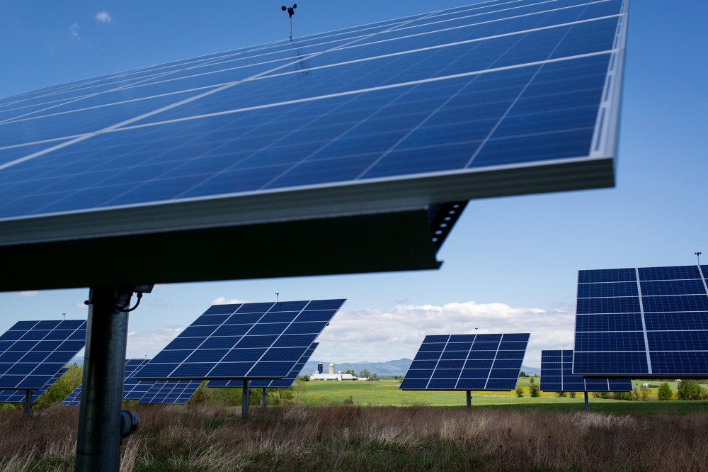 Solar tracker panels follow the sun's path May 17, 2014 on a Champlain Valley dairy farm near West Haven, Vermont.