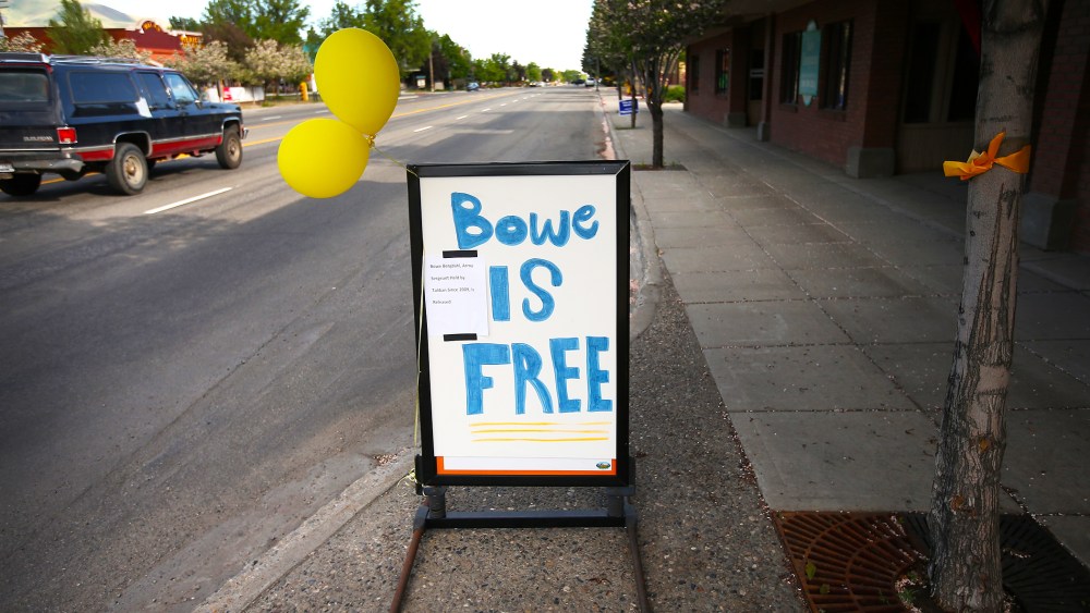 A sign announcing the release of Sgt. Bowe Bergdahl sits on Main Street in Hailey, Idaho, June 1, 2014.