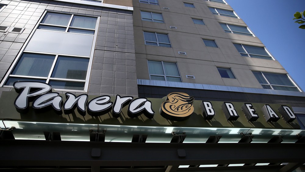 A sign is posted in front of a Panera Bread restaurant on June 3, 2014 in San Francisco, California.