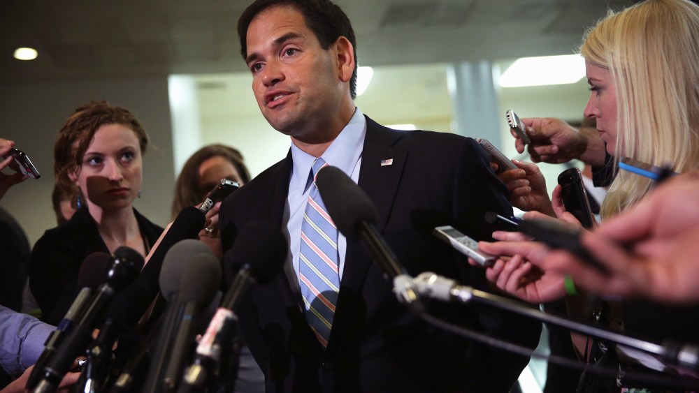 Sen. Marco Rubio (R-Fla.) talks to reporters after a closed door briefing June 4, 2014 on Capitol Hill in Washington, D.C.