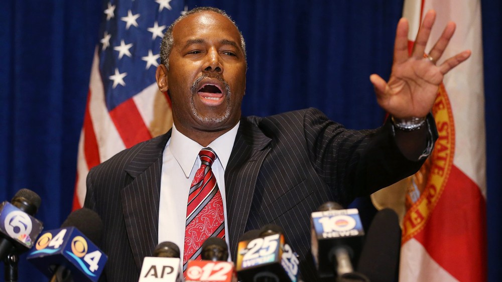 Republican presidential candidate Ben Carson speaks to the media before speaking at a gala for the Black Republican Caucus of South Florida at PGA National Resort on Nov. 6, 2015 in Palm Beach, Fla. (Photo by Joe Raedle/Getty)