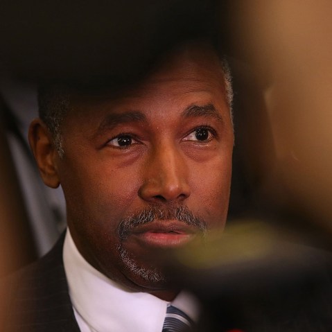 Republican presidential candidate Ben Carson speaks with members of the media in the spin room after the Republican Presidential Debate on Nov. 10, 2015 in Milwaukee, Wis. (Photo by Justin Sullivan/Getty)