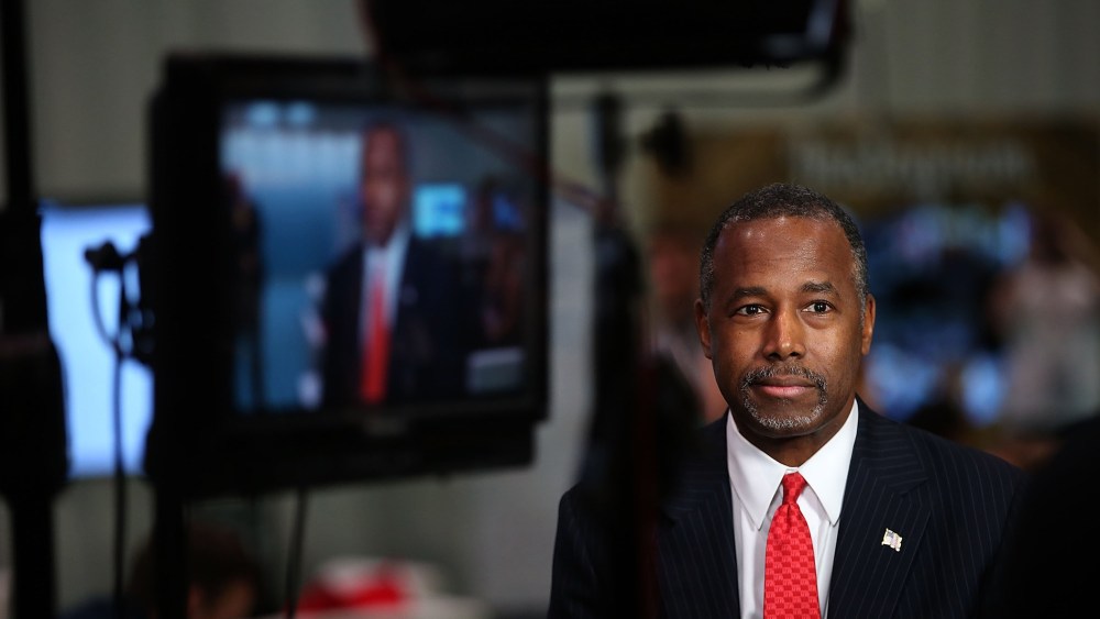 Republican presidential candidate Ben Carson prepares for a television interview before the start of the CNN republican presidential debate at The Venetian Las Vegas on Dec. 15, 2015 in Las Vegas, Nev. (Photo by Justin Sullivan/Getty)