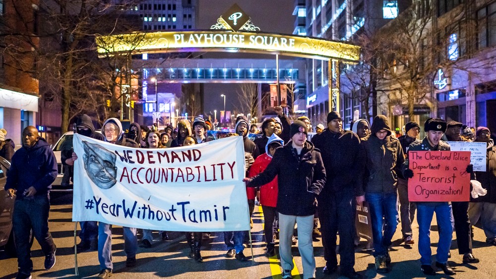 A group of protestors march on Huron Road on Dec. 29, 2015 in Cleveland, Ohio. (Photo by Angelo Merendino/Getty)