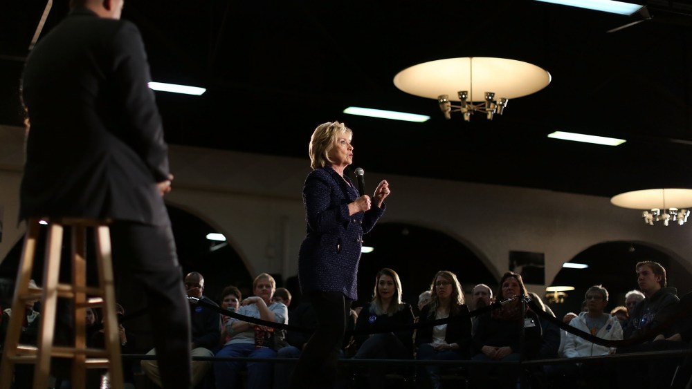 Democratic presidential candidate Hillary Clinton speaks during a campaign stop at the Electric Park Ballroom on Jan. 11, 2016 in Waterloo, Iowa. (Photo by Joe Raedle/Getty)