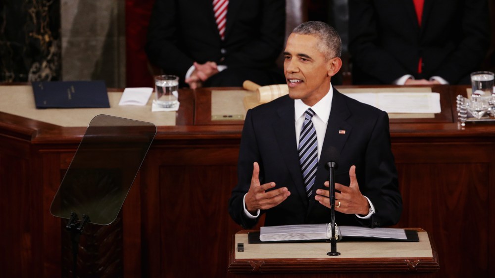 U.S. President Barack Obama delivers the State of the Union speech before members of Congress in the House chamber of the U.S. Capitol Jan. 12, 2016 in Washington, DC. (Photo by Alex Wong/Getty)