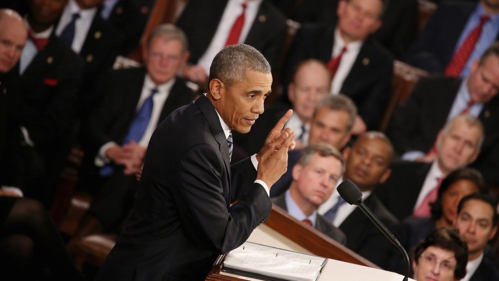 President Barack Obama gestures as he delivers the State of the Union speech before members of Congress in the House chamber of the U.S. Capitol Jan. 12, 2016 in Washington, DC. (Photo by Mark Wilson/Getty)