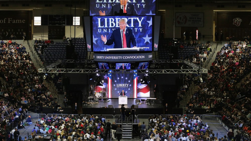 Republican presidential candidate Donald Trump delivers the convocation at the Vines Center on the campus of Liberty University Jan. 18, 2016 in Lynchburg, Va. (Photo by Chip Somodevilla/Getty)