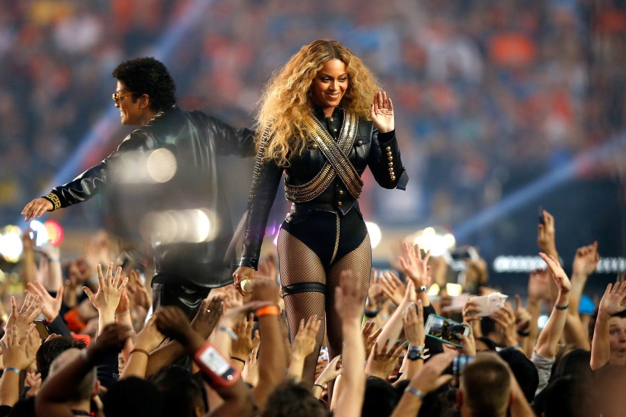 Beyonce and Bruno Mars perform during the Pepsi Super Bowl 50 Halftime Show at Levi's Stadium on Feb. 7, 2016 in Santa Clara, Calif. (Photo by Ezra Shaw/Getty)