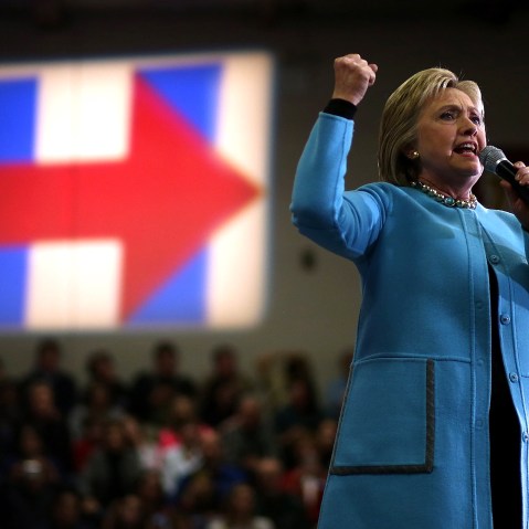 Democratic presidential candidate former Secretary of State Hillary Clinton speaks during a "Get Out The Vote" event at Alvime High School on Feb. 8, 2016 in Hudson, N.H. (Photo by Justin Sullivan/Getty)