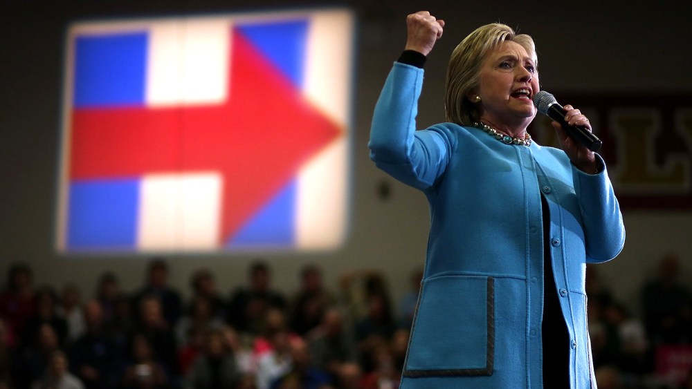 Democratic presidential candidate former Secretary of State Hillary Clinton speaks during a "Get Out The Vote" event at Alvime High School on Feb. 8, 2016 in Hudson, N.H. (Photo by Justin Sullivan/Getty)