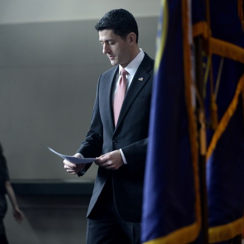 House Speaker Paul Ryan arrives to his weekly briefing at the U.S Capitol on Feb. 11, 2016 in Washington, D.C. (Photo by Olivier Douliery/Getty)