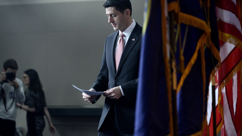 House Speaker Paul Ryan arrives to his weekly briefing at the U.S Capitol on Feb. 11, 2016 in Washington, D.C. (Photo by Olivier Douliery/Getty)