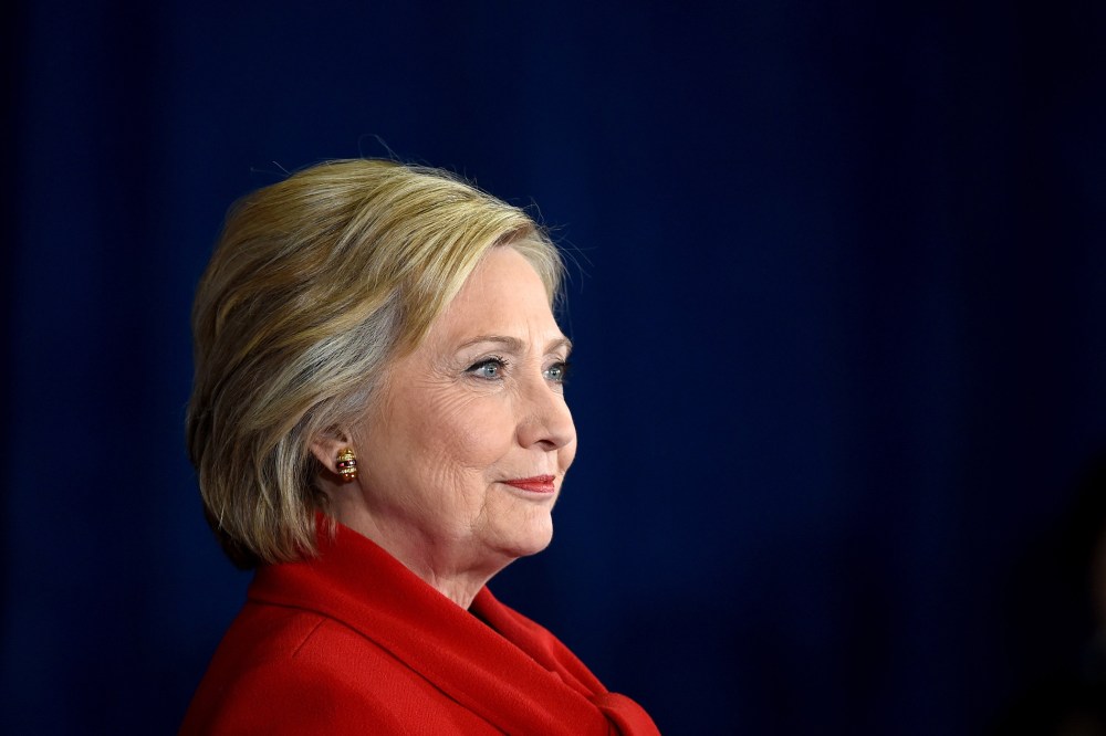 Democratic presidential candidate Hillary Clinton looks on during a get-out-the-caucus event at the Mountain Shadows Community Center on Feb. 14, 2016 in Las Vegas, Nev. (Photo by Ethan Miller/Getty)