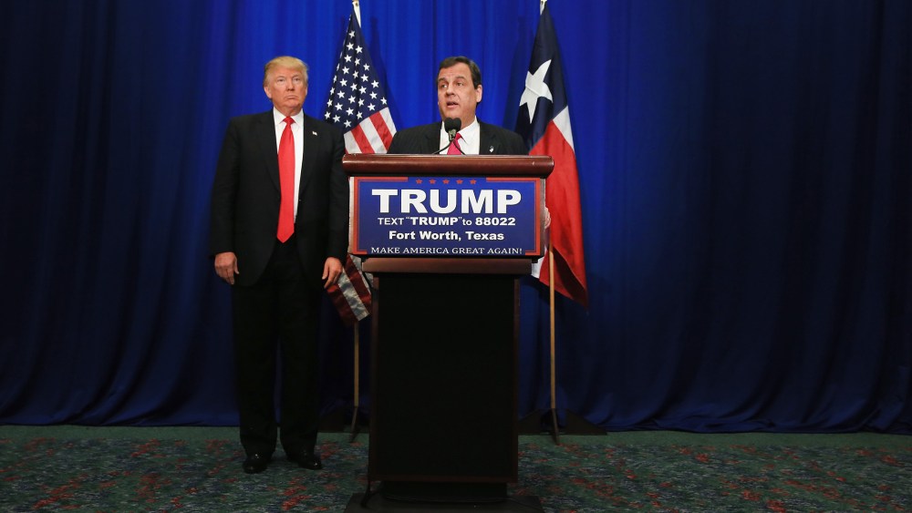 New Jersey Governor Chris Christie announces his support for Republican presidential candidate Donald Trump during a campaign rally at the Fort Worth Convention Center on Feb. 26, 2016 in Fort Worth, Texas. (Photo by Tom Pennington/Getty)