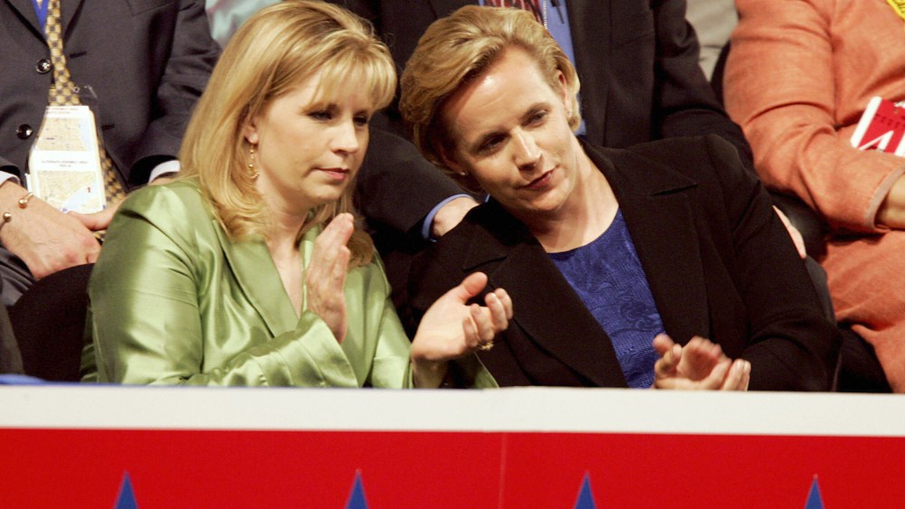 Elizabeth (L) and Mary Cheney, daughters of Vice President Dick Cheney, attend the Republican National Convention at Madison Square Garden in New York, NY. on Sept. 1, 2004.