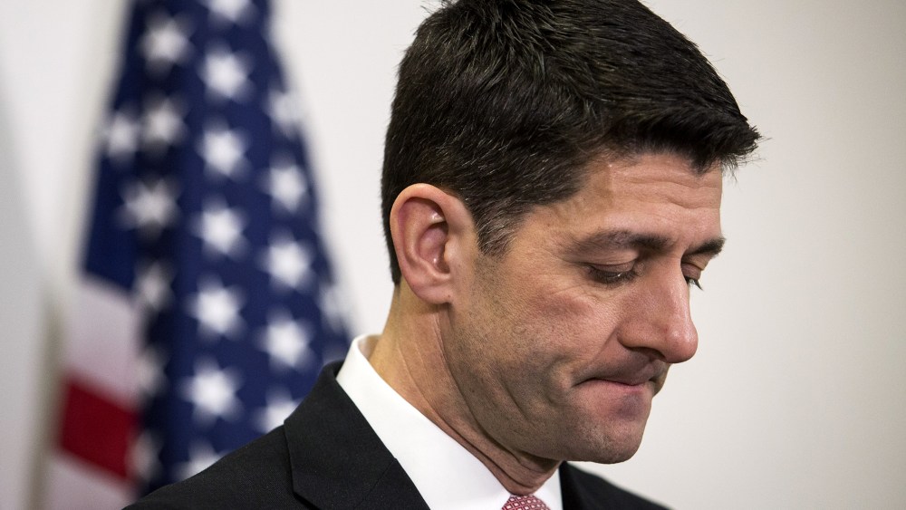 Speaker of the House Paul Ryan (R-WI) pauses while speaking to the media after closed-door meeting with House Republicans, on Capitol Hill, March 1, 2016 in Washington, D.C. (Photo by Drew Angerer/Getty)