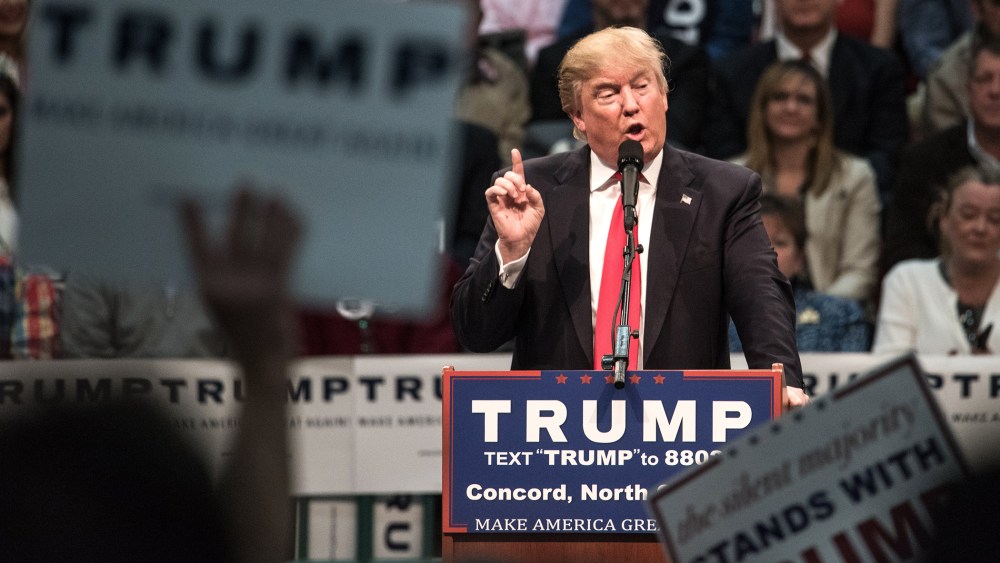 Republican presidential candidate Donald Trump addresses the crowd at a campaign rally March 7, 2016 in Concord, N.C. (Photo by Sean Rayford/Getty)