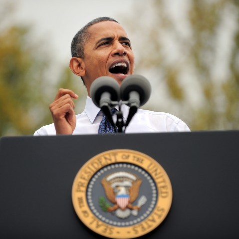 US President Barack Obama speaks during a campaign rally at the George Mason University in Fairfax, Virginia, on October 19, 2012. After a one-night truce that saw Obama and his rival Mitt Romney trade jokes at a charity dinner, the two dashed back...