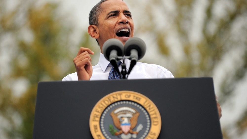 US President Barack Obama speaks during a campaign rally at the George Mason University in Fairfax, Virginia, on October 19, 2012. After a one-night truce that saw Obama and his rival Mitt Romney trade jokes at a charity dinner, the two dashed back...