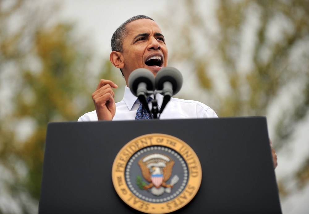 US President Barack Obama speaks during a campaign rally at the George Mason University in Fairfax, Virginia, on October 19, 2012. After a one-night truce that saw Obama and his rival Mitt Romney trade jokes at a charity dinner, the two dashed back...