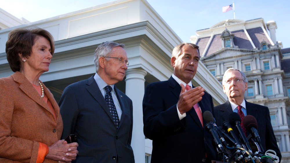 Speaker John Boehner (R-OH)  speaks to the media, accompanied by (from left) House Minority Leader Nancy Pelosi (D-CA), Senate Majority Leader Harry Reid (D-NV),  and Senate Minority Leader Mitch McConnell (R-KY),  at the White House after meeting with...