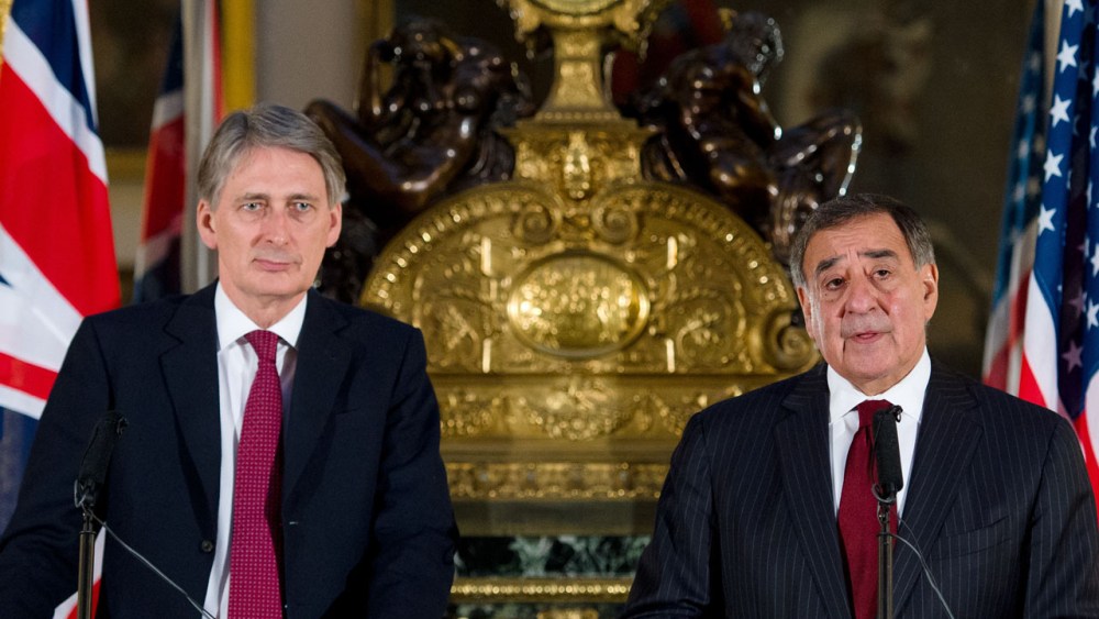 British Defence Secretary Philip Hammond (L) and US Defence Secretary Leon Panetta (R) hold a joint press conference in Lancaster House, central London, on January 19, 2013. Hammond said the hostage crisis in Algeria had been ended by the Algerian...