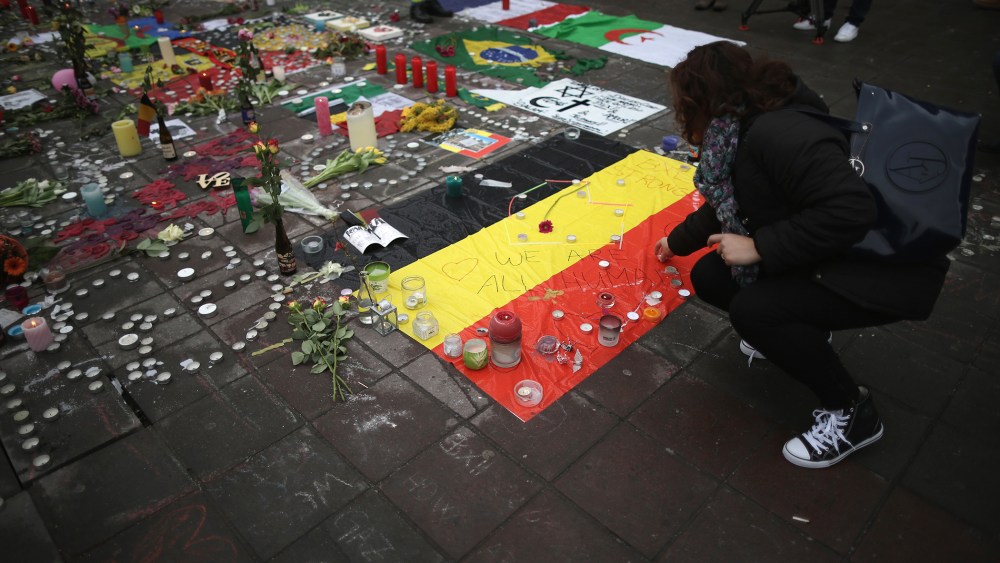 Flowers and tributes, to the victims and injured, continue to adorn the Place de la Bourse following yesterday's terrorists attacks on March 23, 2016 in Brussels, Belgium. (Photo by Christopher Furlong/Getty)