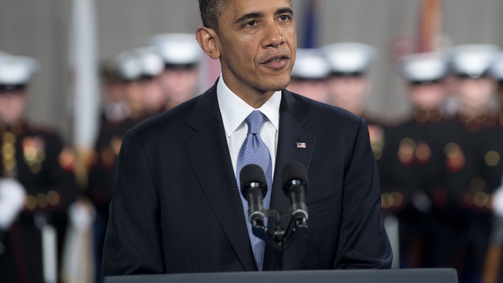 US President Barack Obama speaks during an Armed Forces Farewell Tribute in honor of outgoing Secretary of Defense Leon Panetta at Joint Base Myer-Henderson in Arlington, Virginia, February 8, 2013. Panetta will retire once his likely successor, former...