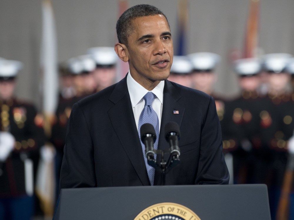 US President Barack Obama speaks during an Armed Forces Farewell Tribute in honor of outgoing Secretary of Defense Leon Panetta at Joint Base Myer-Henderson in Arlington, Virginia, February 8, 2013. Panetta will retire once his likely successor, former...