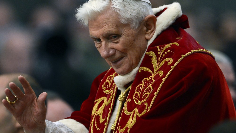Pope Benedict XVI arrives to greet the faithful after  the mass in St.Peter's Basilica to mark the 900th anniversary of the Order of the Knights of Malta, on February 9, 2013 at the Vatican.   (Photo by Andreas Solaro/AFP/Getty Images)
