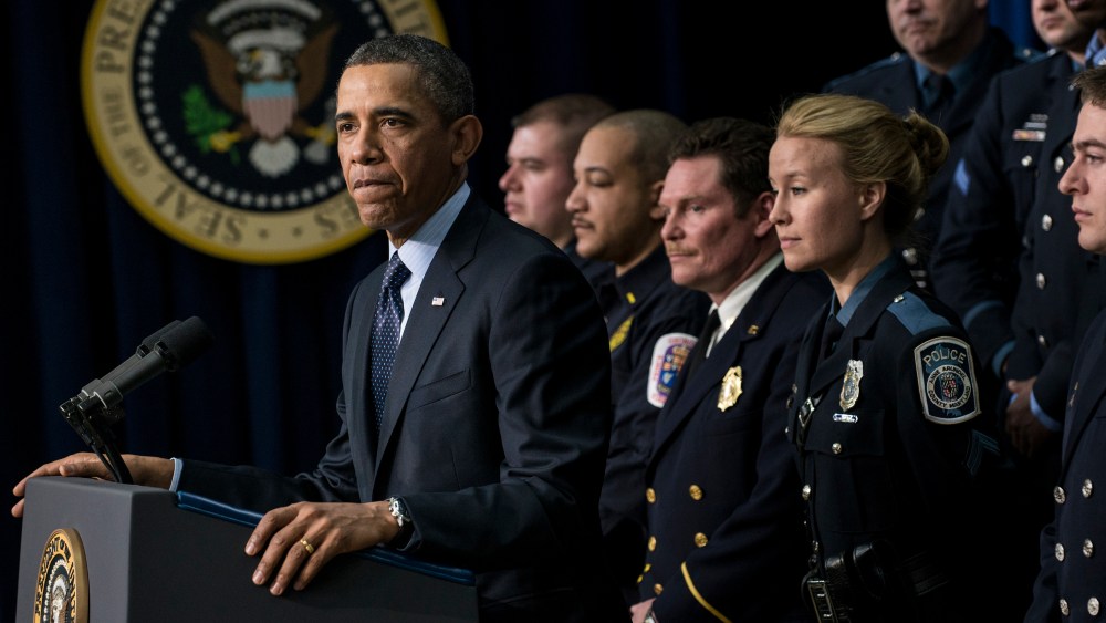 President Obama pauses while speaking in the Eisenhower Executive Office Building on the White House campus, joined by emergency responders on Feb. 19, 2013 in Washington, D.C. (Photo by Brendan Smialowski/AFP/Getty Images)