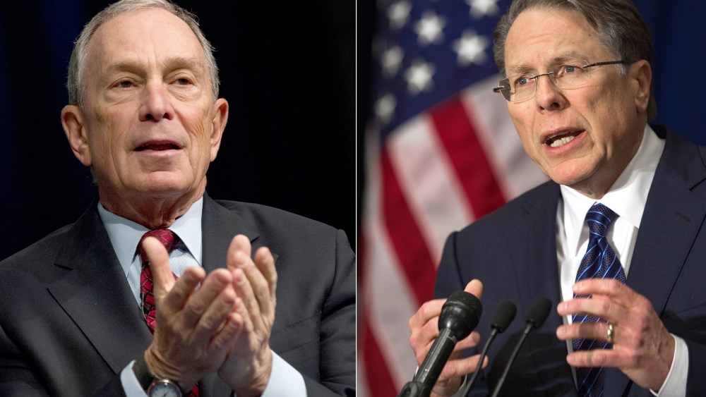 This March 24, 2013 combination of file images shows New York City Mayor Michael Bloomberg(L) and National Rifle Association head Wayne LaPierre. (AFP PHOTO / FILESFILES/AFP/Getty Images)