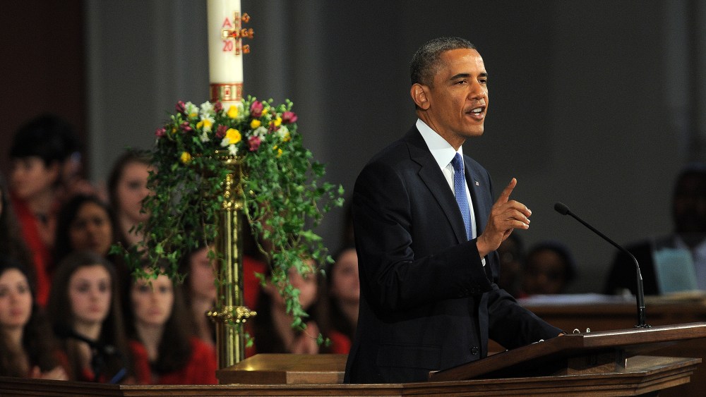 US President Barack Obama speaks during the "Healing Our City: An Interfaith Service" dedicated to those who were gravely wounded or killed in the Boston Marathon bombing, at the Cathedral of the Holy Cross in Boston, Massachusetts, on April 18, 2013....