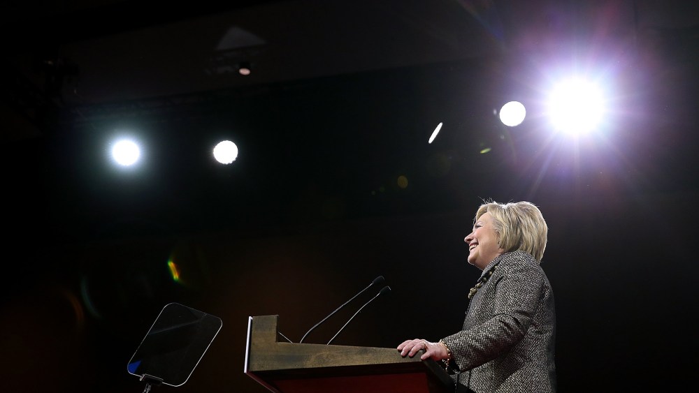 Democratic presidential candidate Hillary Clinton speaks during her primary night gathering at the Philadelphia Convention Center on April 26, 2016 in Philadelphia, Pa. (Photo by Justin Sullivan/Getty)