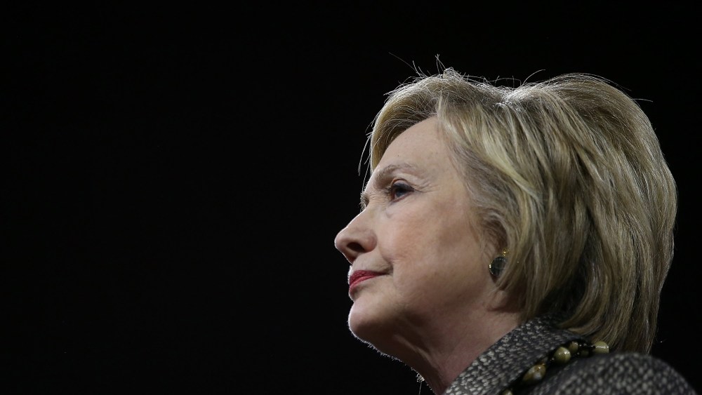 Democratic presidential candidate Hillary Clinton looks on during her primary night gathering at the Philadelphia Convention Center on April 26, 2016 in Philadelphia, Pa. (Photo by Justin Sullivan/Getty)