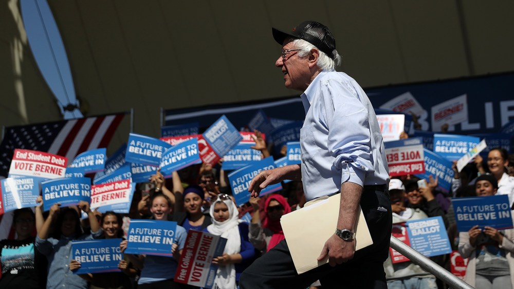 Democratic presidential candidate Sen.Bernie Sanders (D-VT) arrives to speak at a campaign rally on May 10, 2016 in Stockton, Calif. (Photo by Justin Sullivan/Getty)