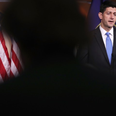 Speaker of the House Paul Ryan (R-WI) speaks at his weekly press conference at the U.S. Capitol following his meeting with Republican presidential candidate Donald Trump May 12, 2016 in Washington, DC. (Photo by Win McNamee/Getty)