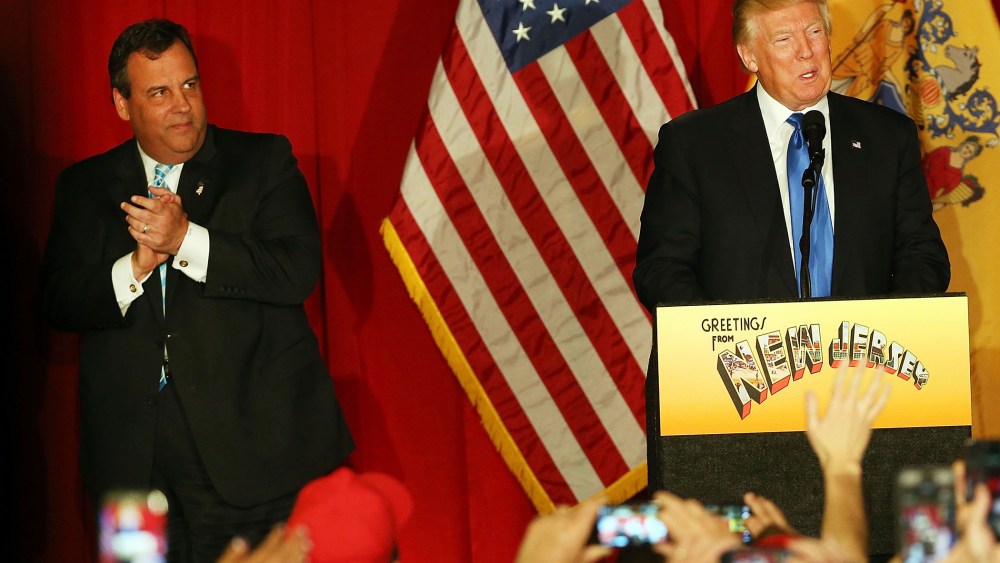 Republican presidential candidate Donald Trump stands on stage with N.J. Gov. Chris Christie at the Lawrenceville National Guard Armory on May 19, 2016 in Lawrenceville, N.J. (Photo by Spencer Platt/Getty)