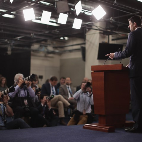 Speaker of the House Paul Ryan (R-WI) holds his weekly news conference in the U.S. Capitol Visitors Center May 26, 2016 in Washington, DC. (Photo by Chip Somodevilla/Getty)