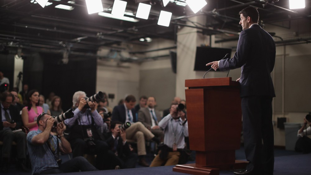 Speaker of the House Paul Ryan (R-WI) holds his weekly news conference in the U.S. Capitol Visitors Center May 26, 2016 in Washington, DC. (Photo by Chip Somodevilla/Getty)