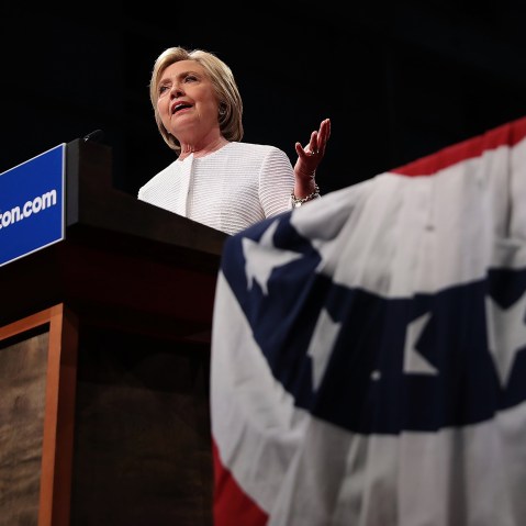 Democratic presidential candidate former Secretary of State Hillary Clinton speaks during a primary night event on June 7, 2016 in Brooklyn, New York. (Photo by Justin Sullivan/Getty)