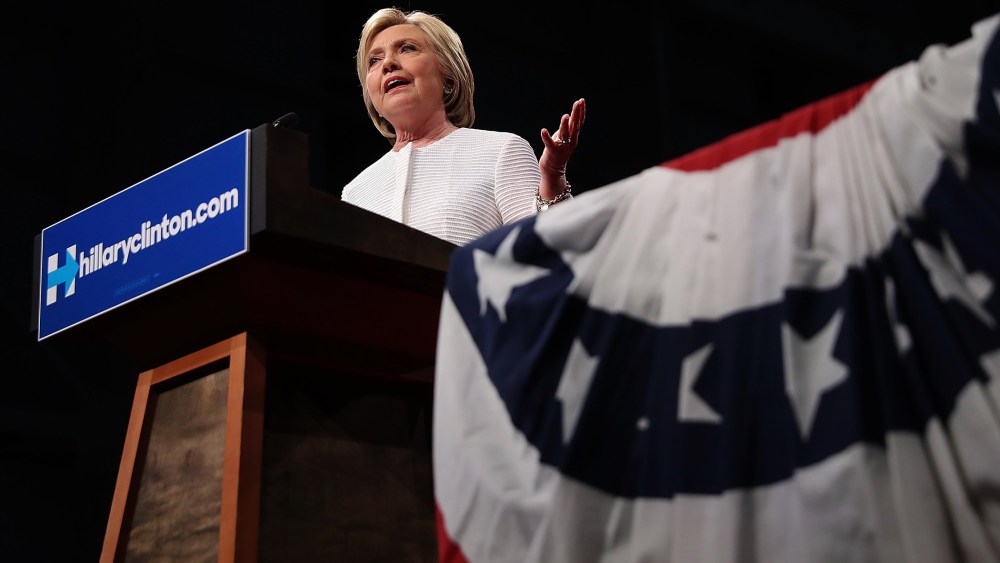 Democratic presidential candidate former Secretary of State Hillary Clinton speaks during a primary night event on June 7, 2016 in Brooklyn, New York. (Photo by Justin Sullivan/Getty)