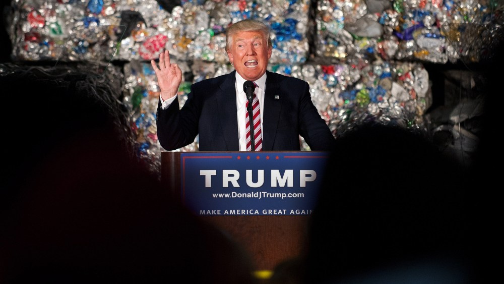 Presumptive Republican candidate for President Donald Trump speaks to guests during a policy speech during a campaign stop at Alumisource on June 28, 2016 in Monessen, Penn. (Photo by Jeff Swensen/Getty)
