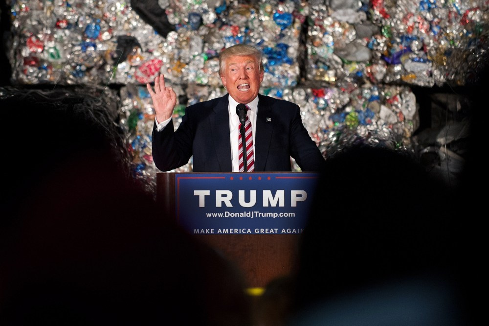 Presumptive Republican candidate for President Donald Trump speaks to guests during a policy speech during a campaign stop at Alumisource on June 28, 2016 in Monessen, Penn. (Photo by Jeff Swensen/Getty)