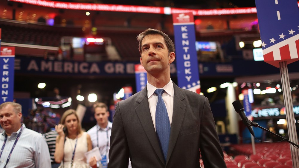 Sen. Tom Cotton (R-AR) visits the Quicken Loans Arena ahead of the Republican National Convention on July 17, 2016 in Cleveland, Ohio. (Photo by Joe Raedle/Getty)