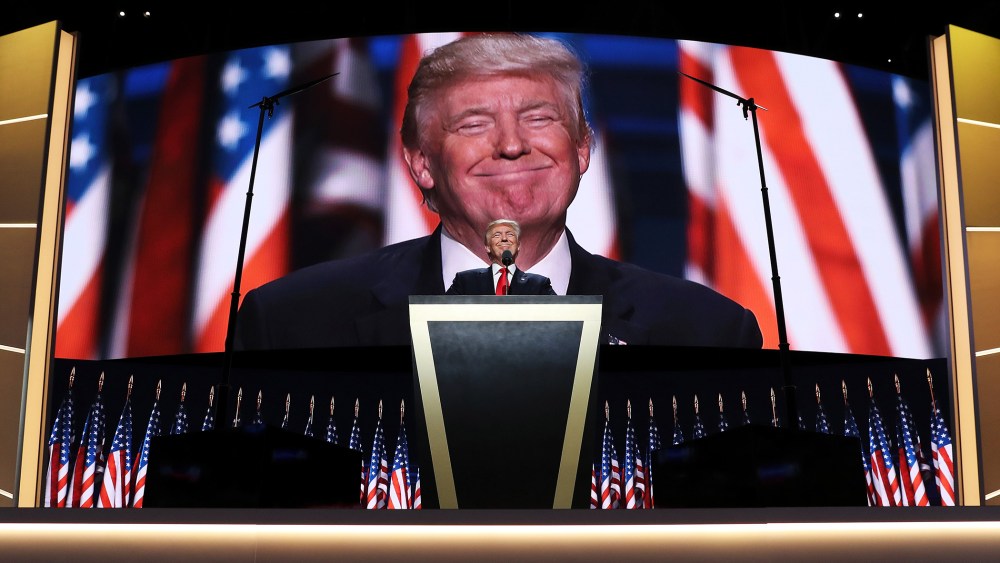 Republican presidential candidate Donald Trump delivers a speech during the evening session on the fourth day of the Republican National Convention on July 21, 2016 in Cleveland, Ohio. (Photo by John Moore/Getty)