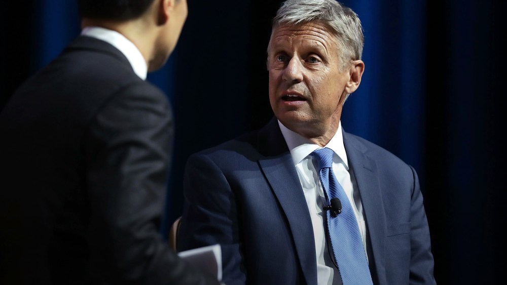 Libertarian presidential nominee Gary Johnson speaks to moderator Richard Lui of MSNBC during a 2016 Presidential Election Forum at The Colosseum at Caesars Palace, Aug. 12, 2016 in Las Vegas, Nev. (Photo by Alex Wong/Getty)